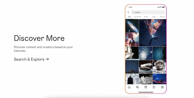 Image showing what Instagram Search results for the term space look like on a mobile device.
