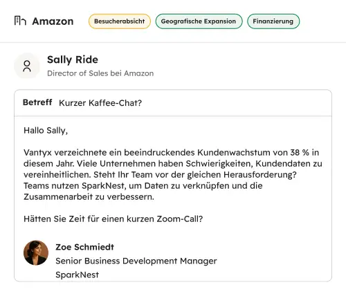 Finden Sie heraus, wer tatsächlich an dem jeweiligen Deal beteiligt ist, und personalisieren Sie Ihre Kontaktaufnahme, um direkt mit dieser Person zu sprechen.