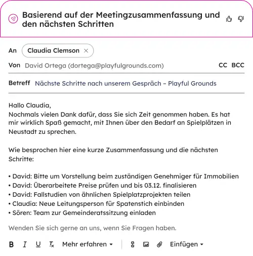 Follow-up-E-Mails schreiben sich von selbst auf Basis der Gesprächsinhalte.