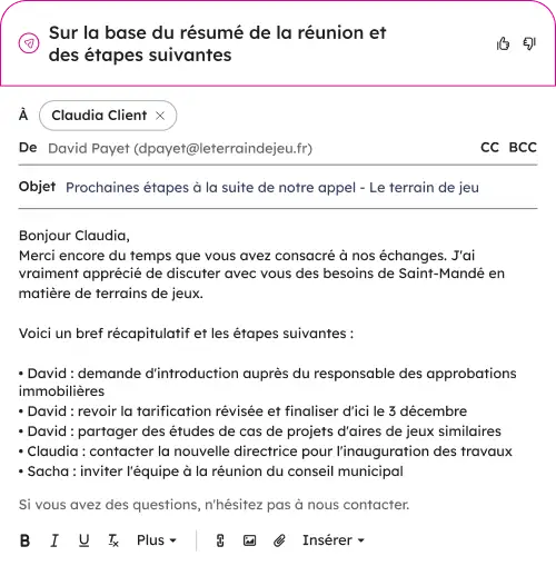 Les e-mails de suivi sont rédigés automatiquement à partir des sujets discutés.