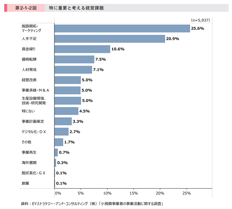特に重要と考える経営課題のトップは、約25.6％の企業が「販路開拓・マーケティング」