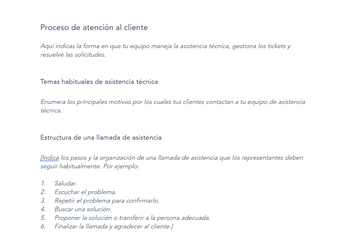 Sección proceso de atención al cliente