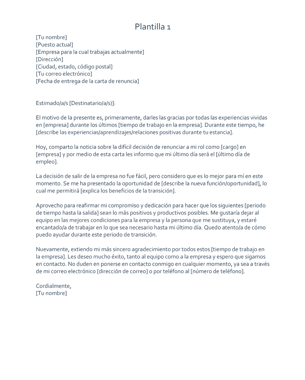 Plantilla de carta de renuncia