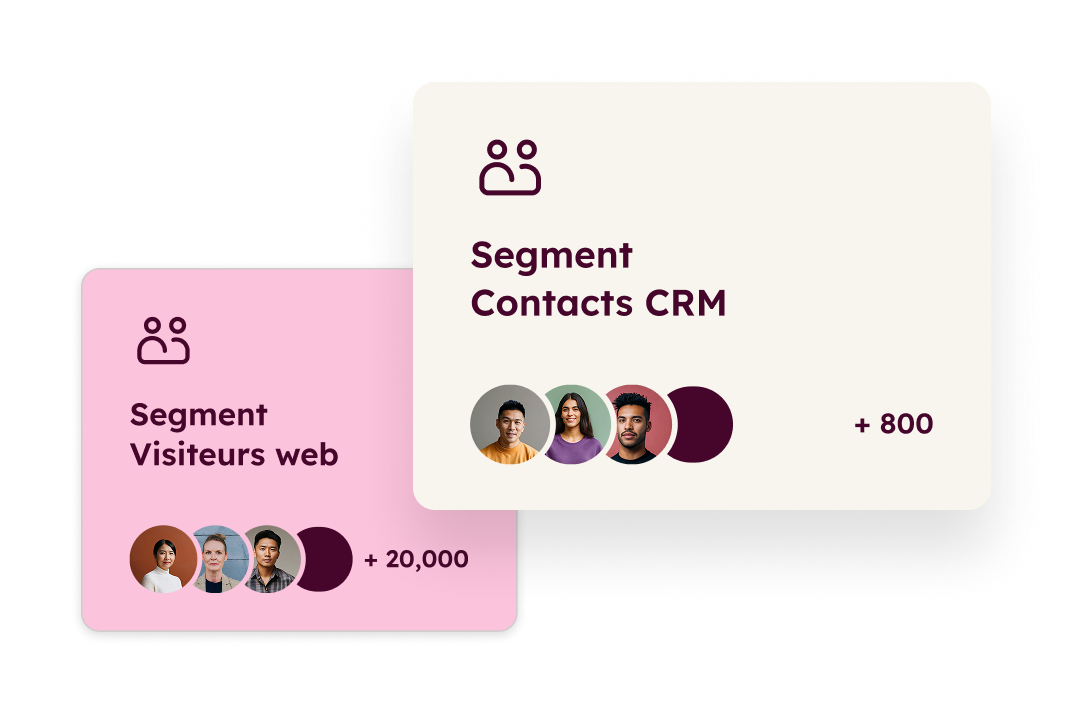 Illustration de deux types de segments : un segment de contacts CRM et un segment de visiteurs web.