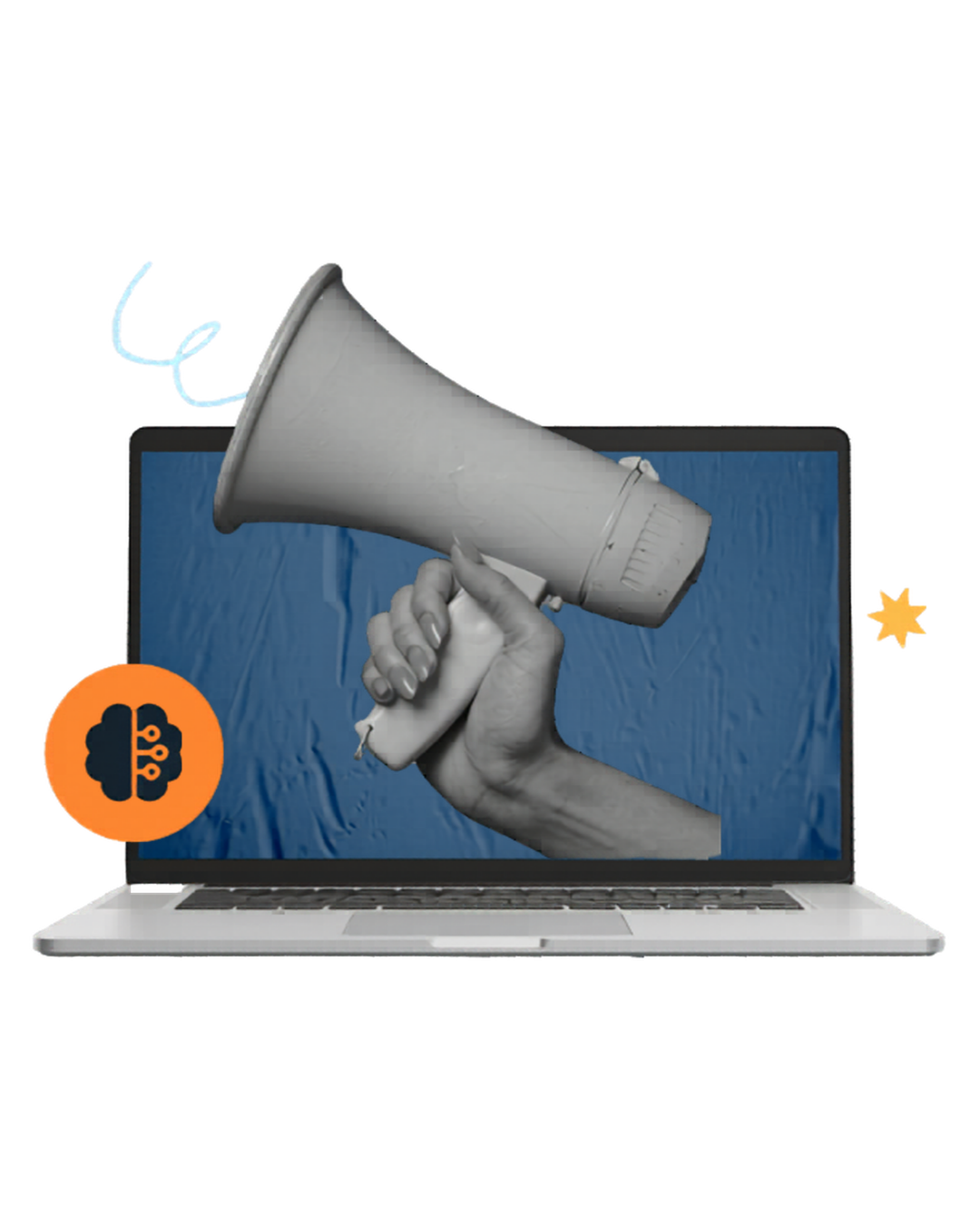 A laptop screen displays a hand holding a megaphone. The megaphone extends beyond the laptop screen borders.