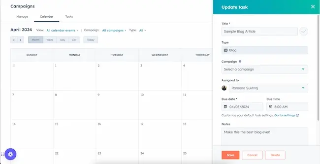 ̽ѡ's marketing calendar shows a variety of task details
