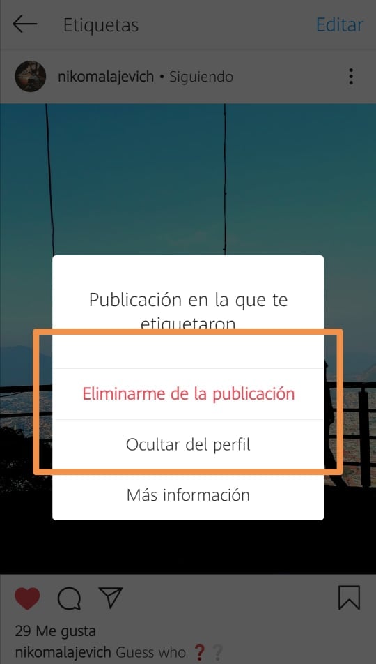 Eliminar etiqueta en Instagram