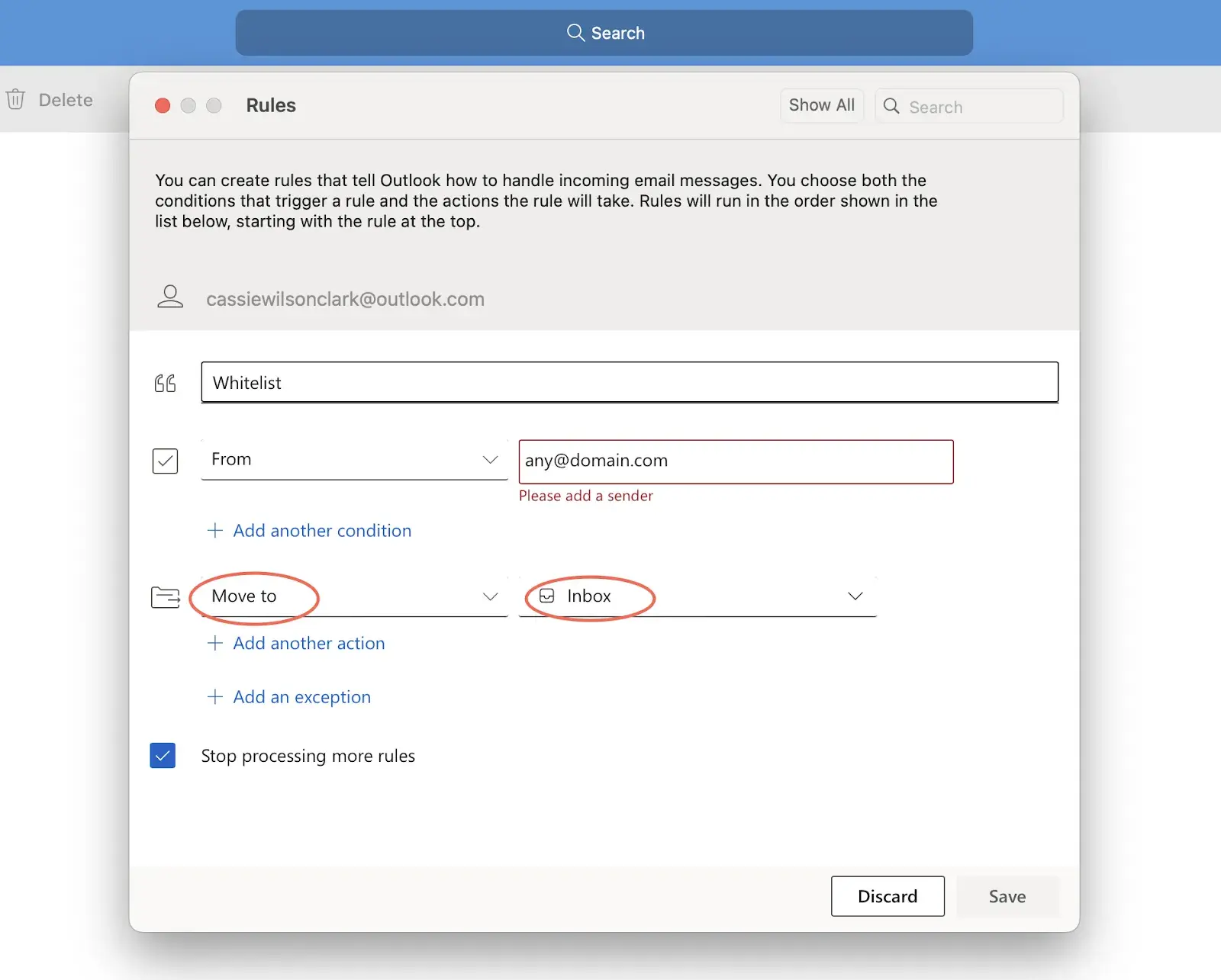 how to whitelist an email in windows 365 desktop: ‘move to’ ‘inbox’