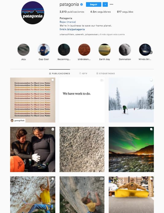 Marketing en Instagram: ejemplo del feed de @patagonia