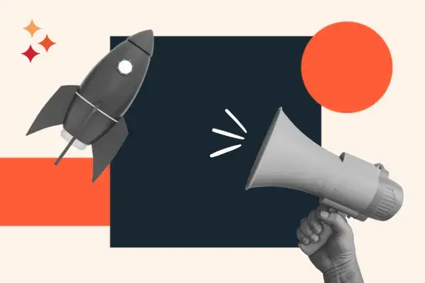Polymarket marketing strategy represented by a hand holding a bullhorn for amplification and a rocket ship for growth