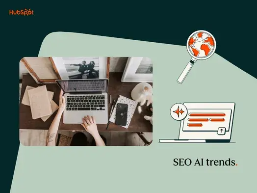 SEO and AI trends graphic that includes creator Ross Simmonds, a laptop, and a robot arm symbolizing AI