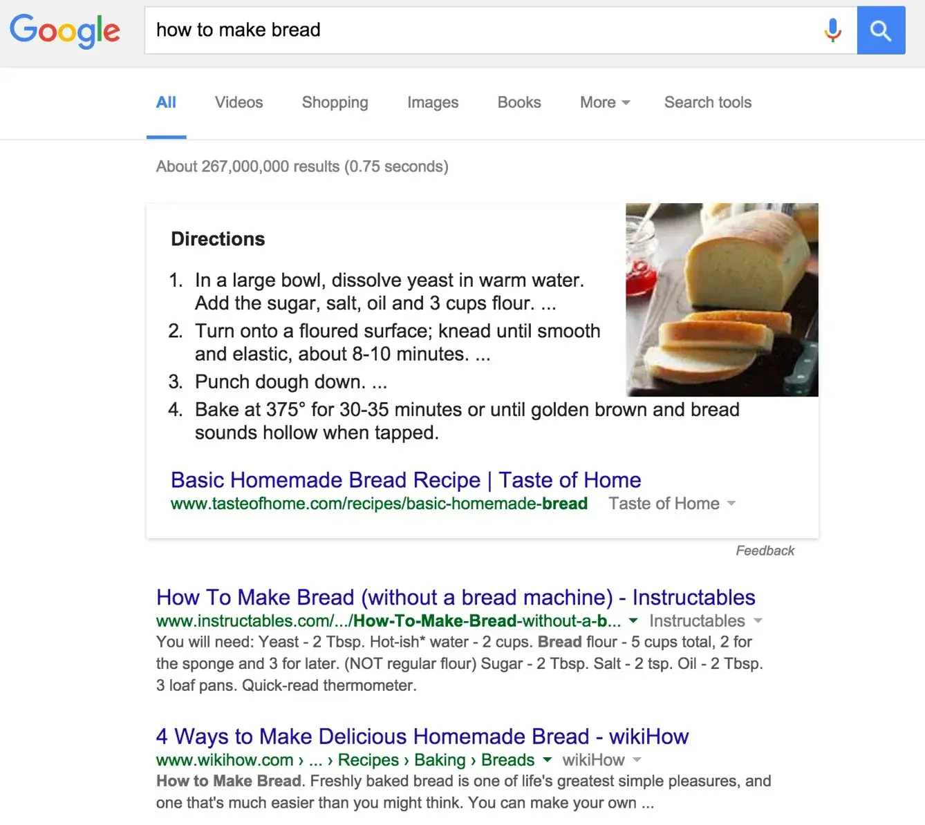 seo ai trends example showing pre-ai google search results for how to make bread with featured snippet and blue links