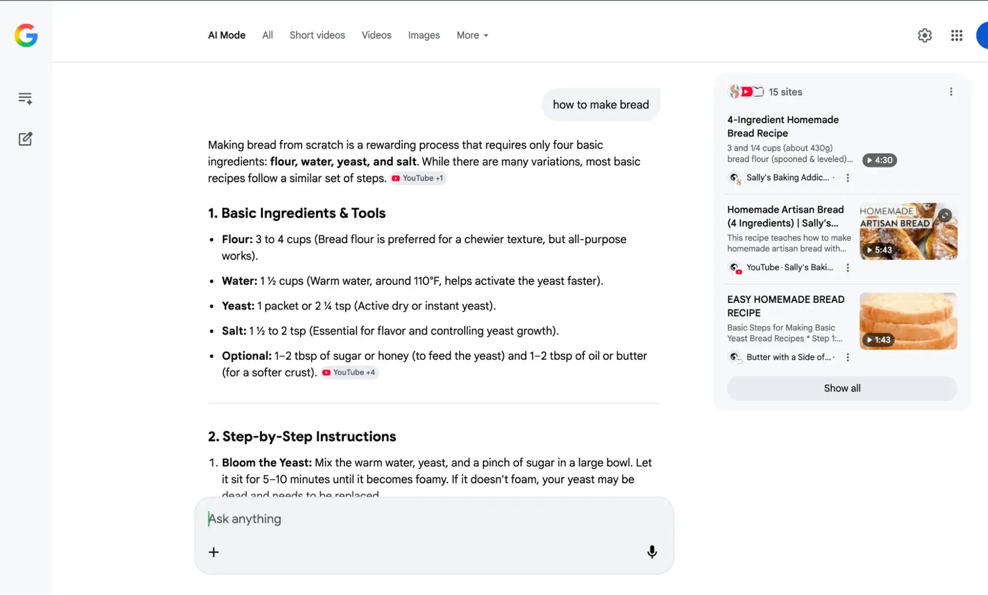google ai mode conversational search interface showing seo ai trends with step-by-step bread recipe and follow-up chatbox