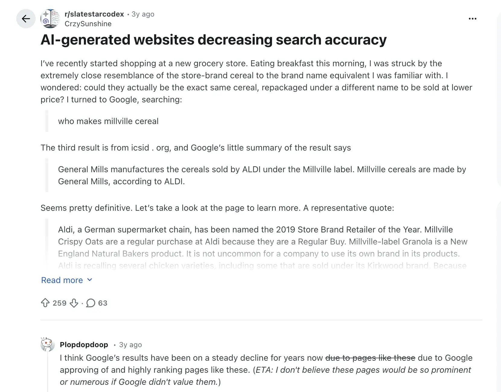 reddit post discussing seo ai trends and ai-generated websites decreasing google search accuracy