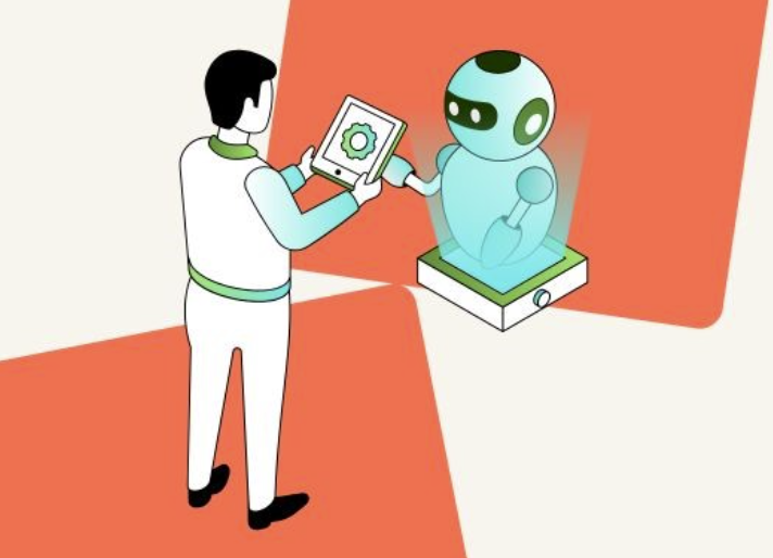 Homme utilisant le balisage de schéma avec un robot