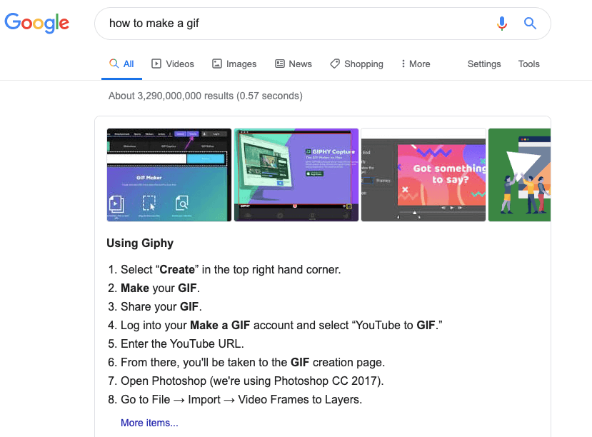 Screenshot einer Google-Suche nach „How to make a GIF“