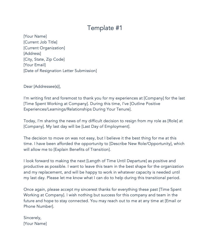 resignation letter template free
