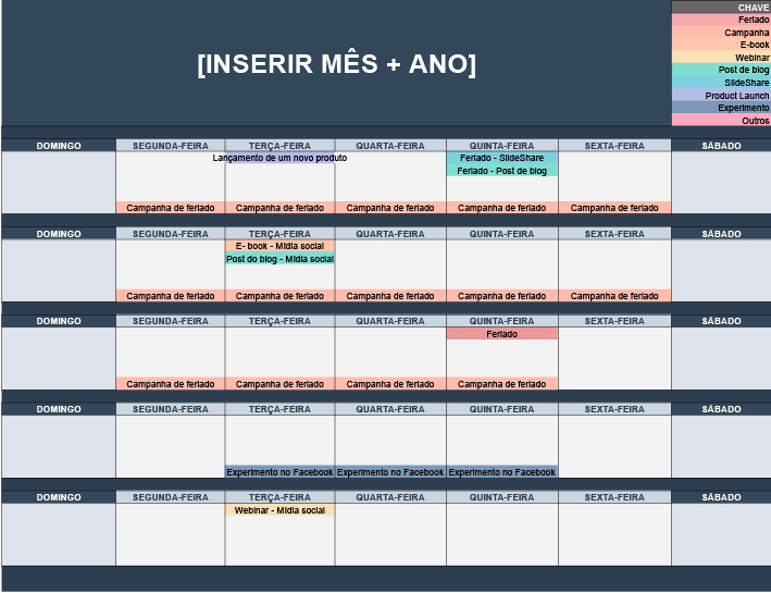 Modelo de calendário de conteúdo de midia social 