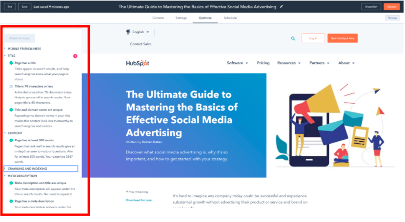 On-page SEO suggestions with HubSpot's blogging tool
