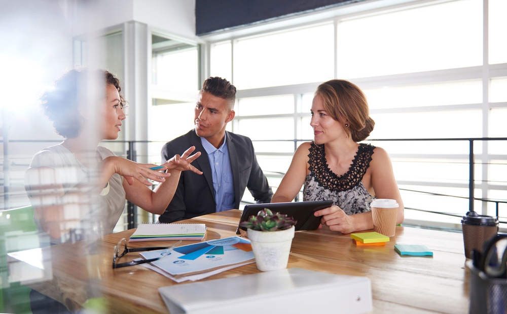 team of successful business people having a meeting in executive sunlit office-1