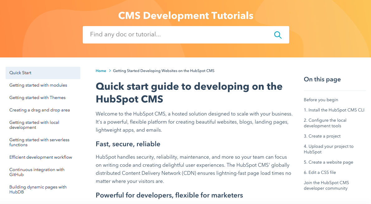 Screenshot of CMS Development Tutorials homepage