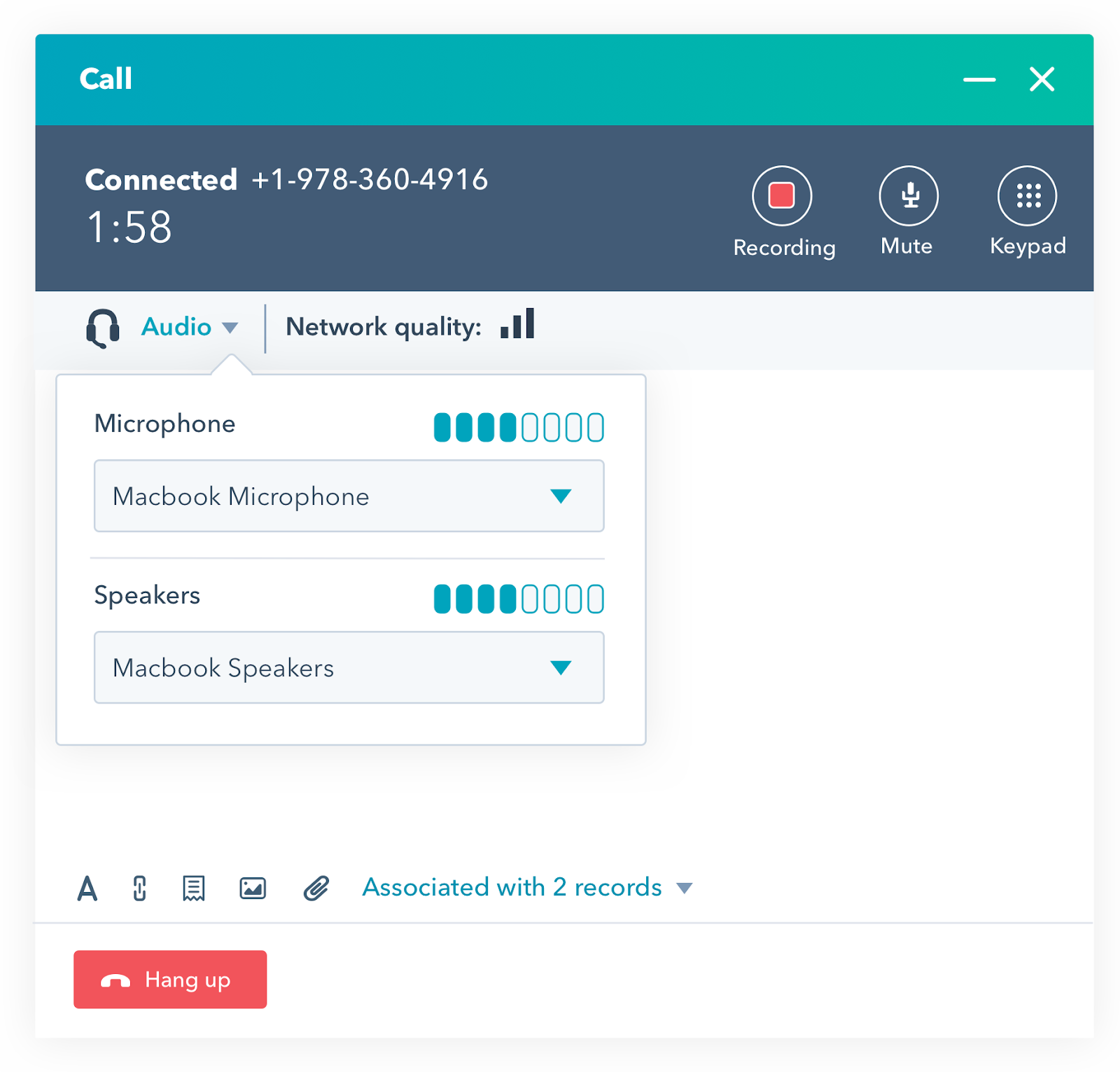 Dropdowns to choose which microphone and Speakers to use on a call