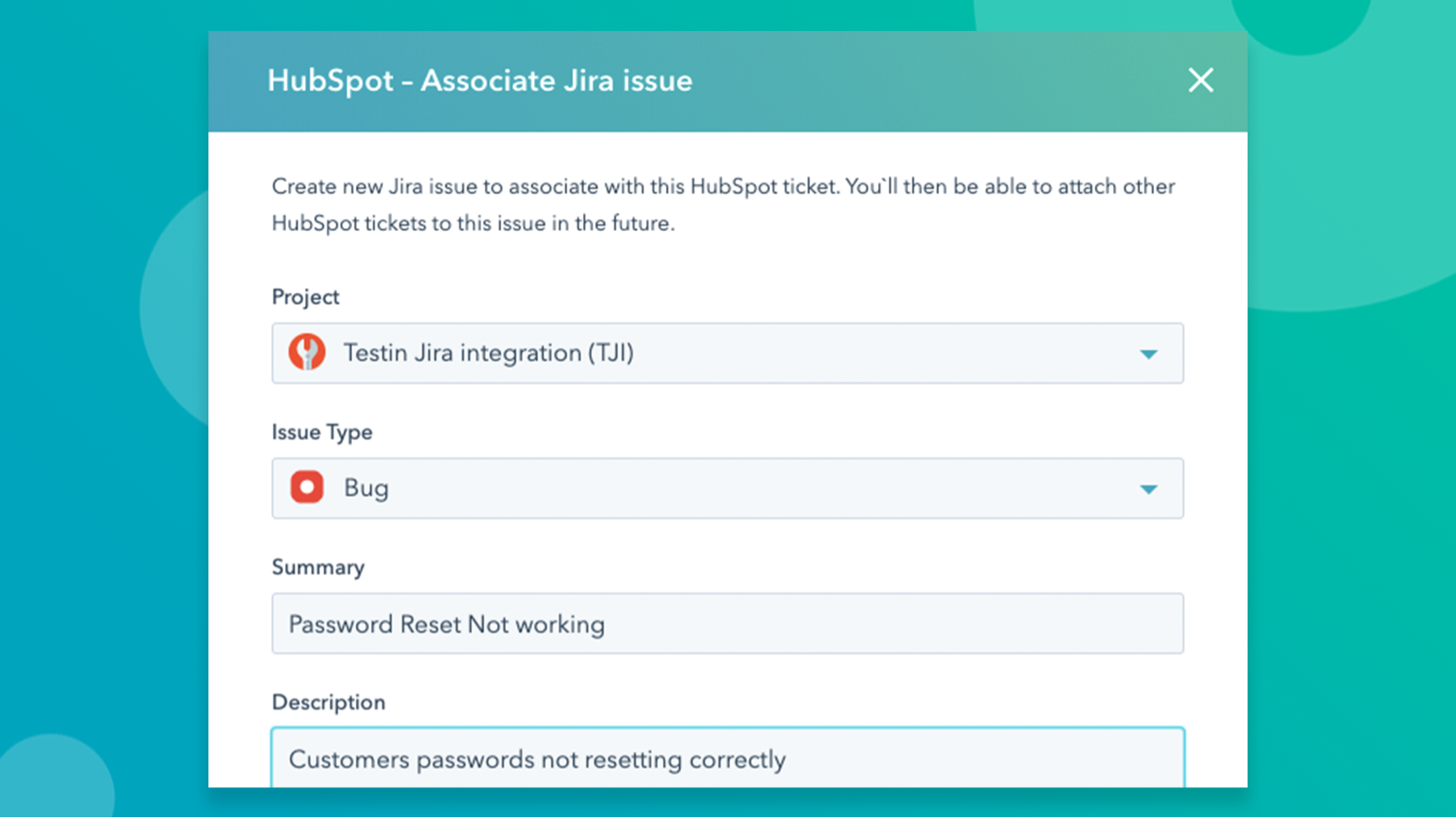 Screenshot showing the creation of a new Jira issue and associating it with a HubSpot ticket