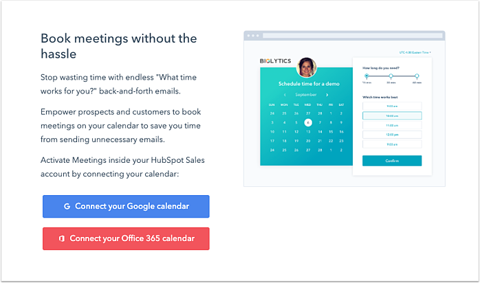 Screenshot reading "Book meetings without the hassle" and the option to connect the tool to Google or Office 365 calendars