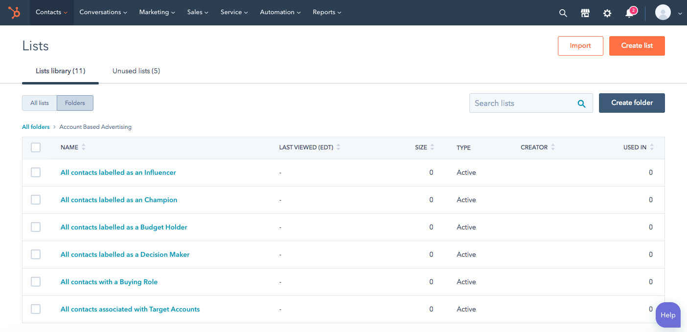 Screenshot of lists within HubSpot.