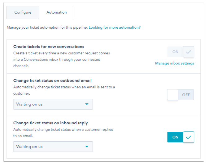 Automation panel with options such as "Create tickets for new conversations," "Change ticket status on outbound email," and "Change ticket status on inbound reply"