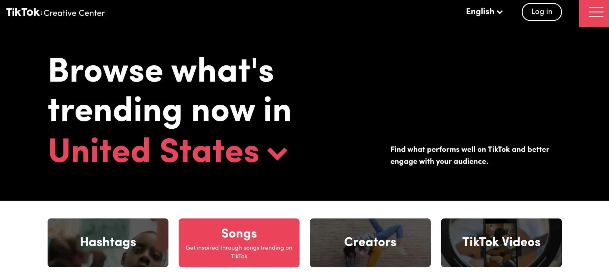 how to make good TikTok videos: use TikToks Creative Center to find trending songs and hashtags.