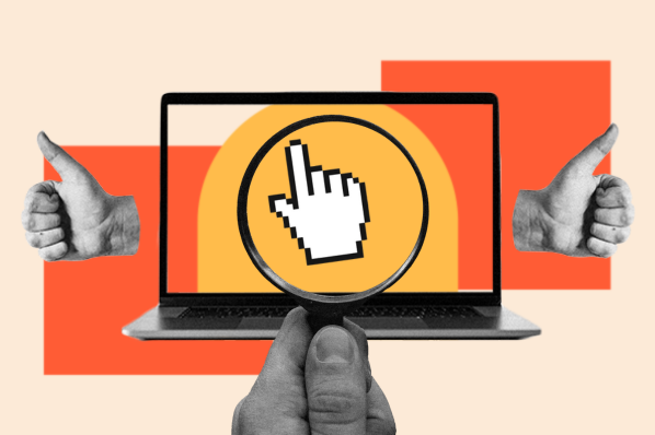 A laptop shows a hand clicking on a link; backlinks