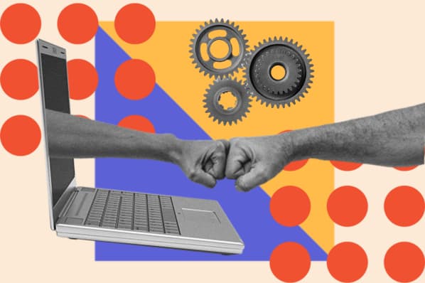 A hand comes out of a computer and fist bumps another hand; representing AI video generators