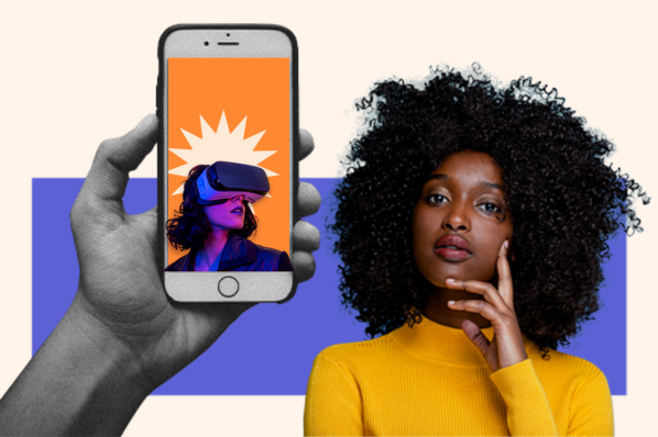 A woman watches an example of visual storytelling on her smartphone.