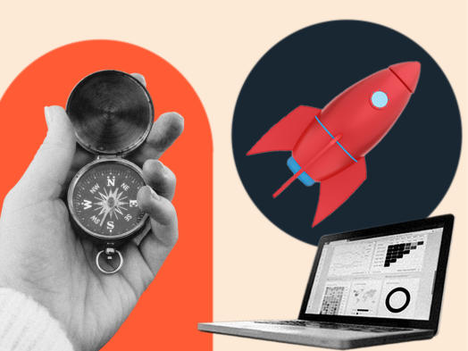 A compass and a rocket ship represent logistics and a laptop with graphs represent a CRM; logistics CRM