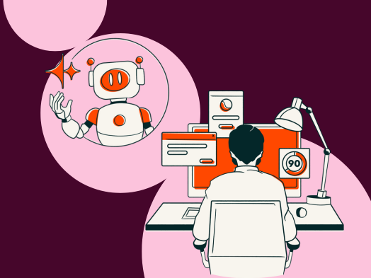 A robot helps a marketer at his desk and computer; Generative Engine Optimization