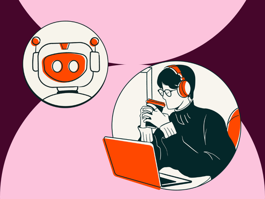 A customer service representative works with AI to help customers