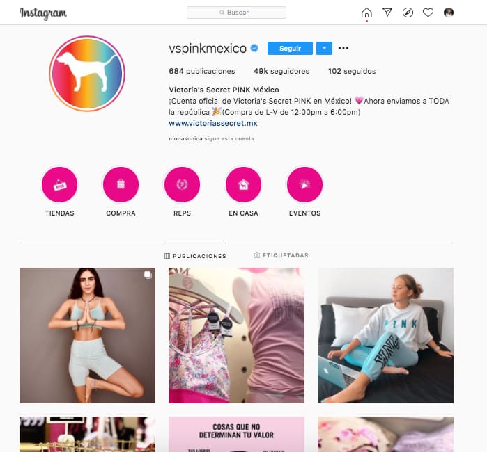 Ejemplo de publicaciones de marca en Instagram de @vspinkmexico