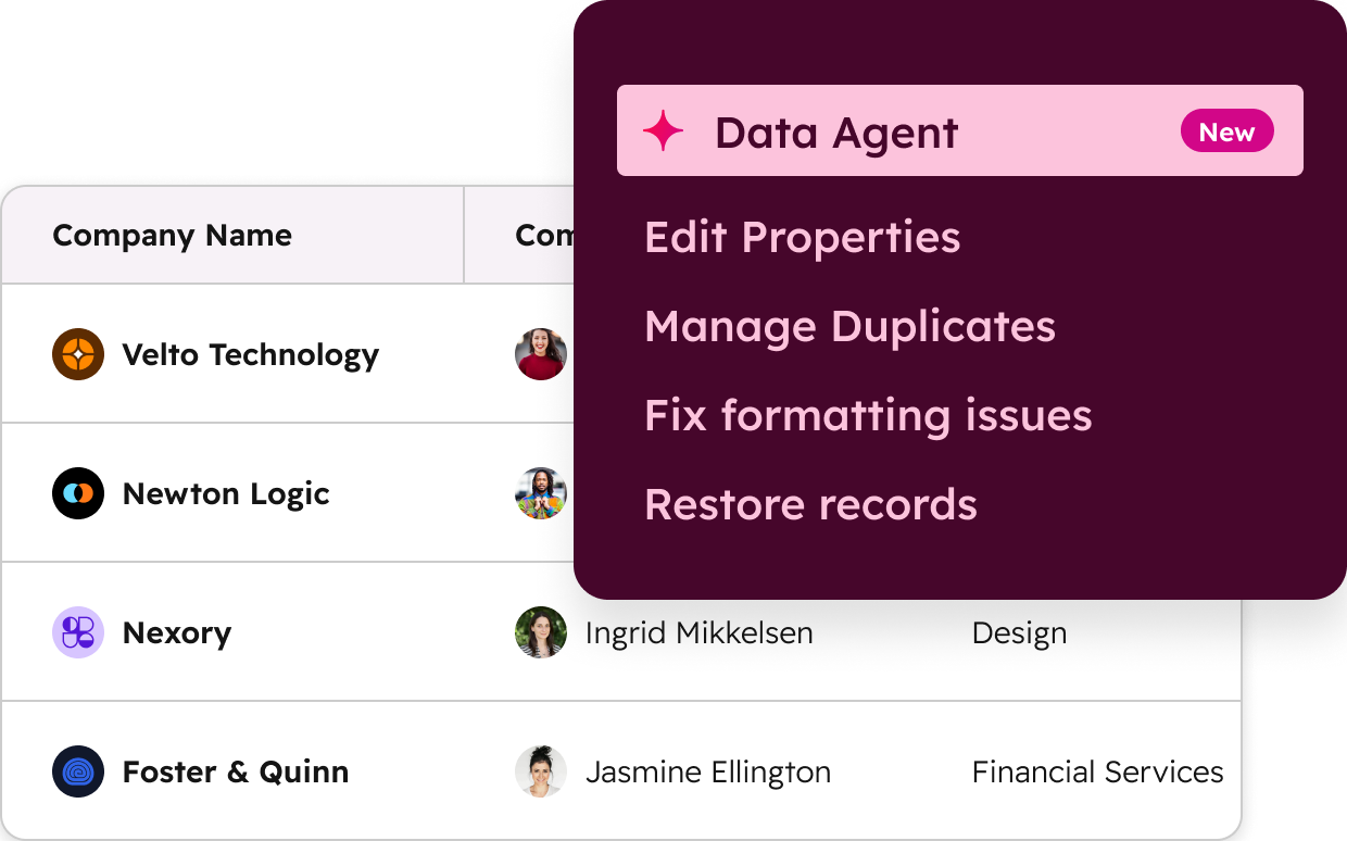 Breeze Data Agent showing options to edit properties, manage duplicates, fix formatting issues, and restore records.