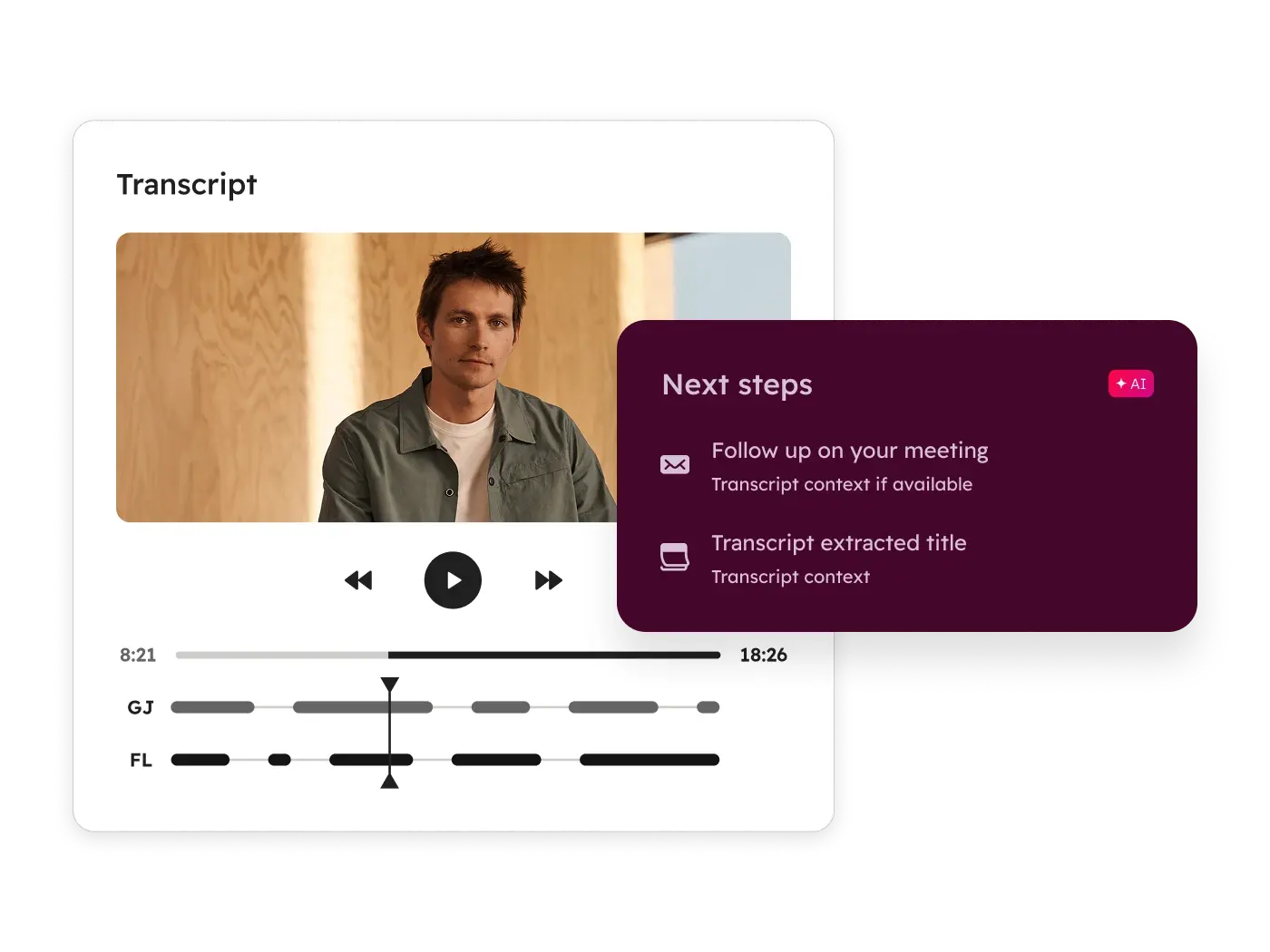AI Meeting Assistant screen showing meeting recording and transcript along with next steps.