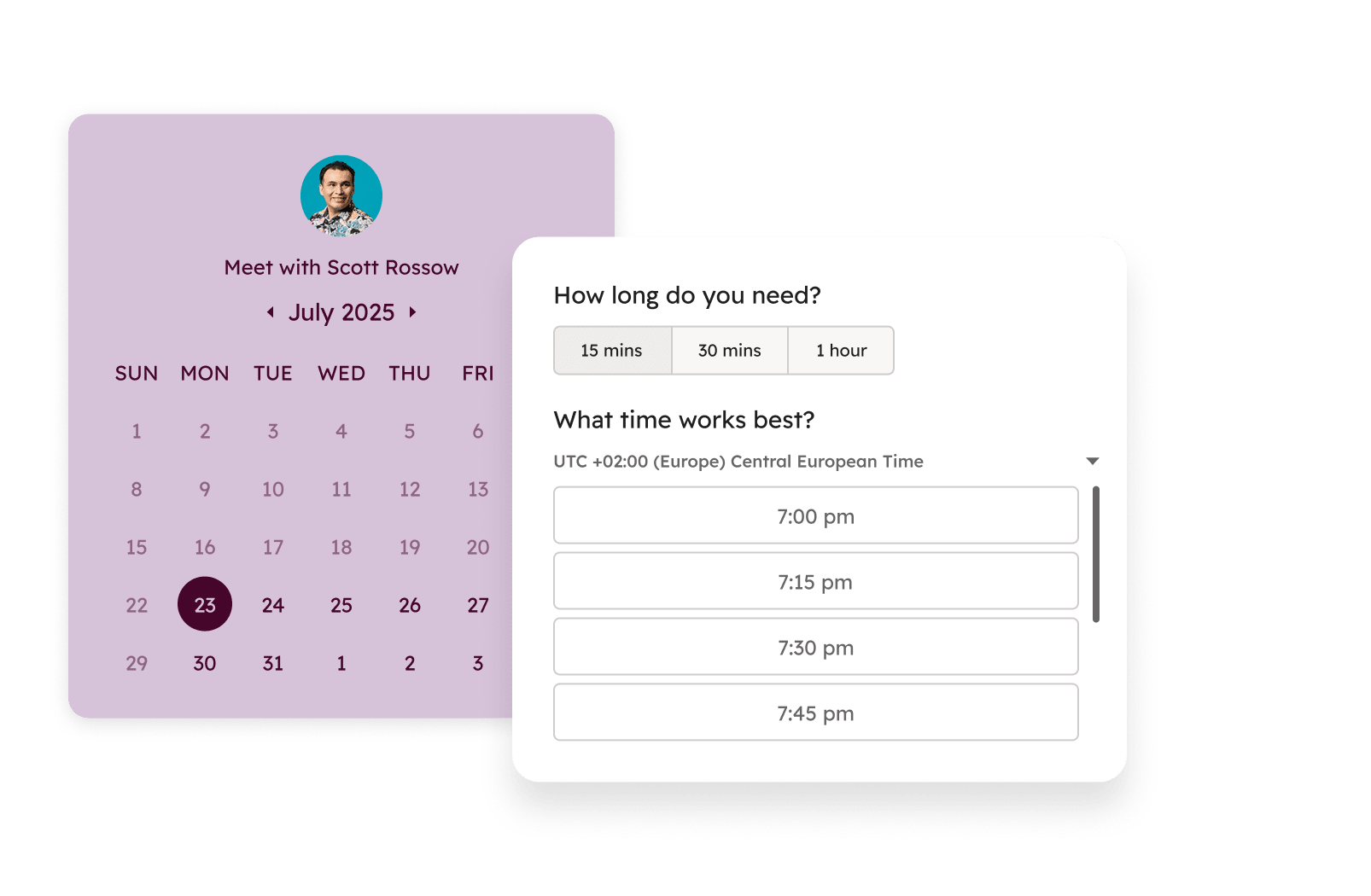 Meeting scheduling feature shows open times on rep calendars so prospect can choose a time that works for them.