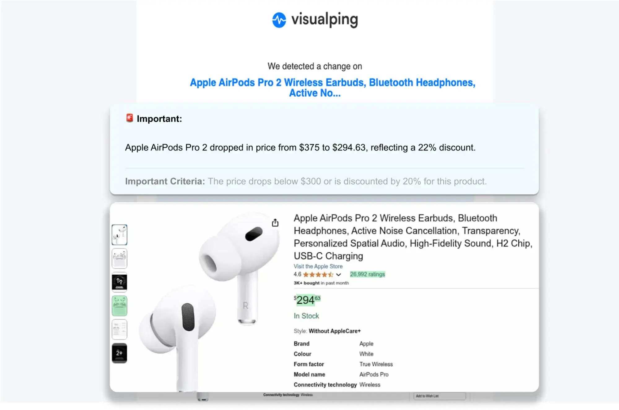 screenshot of the change detection feature of the website monitoring tool visualping
