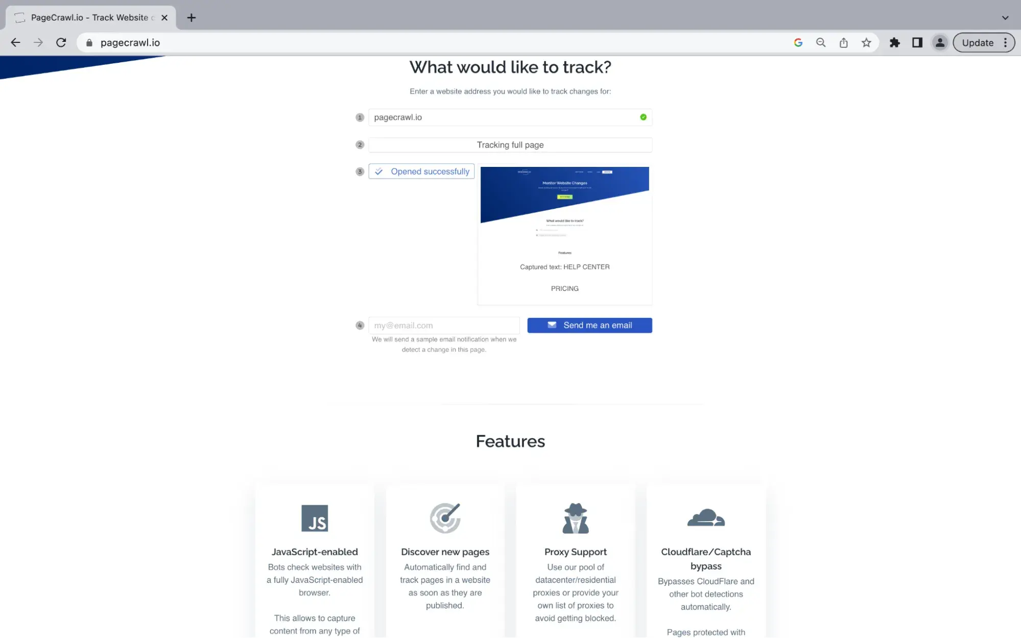 main page for the website monitoring tool pagecrawl
