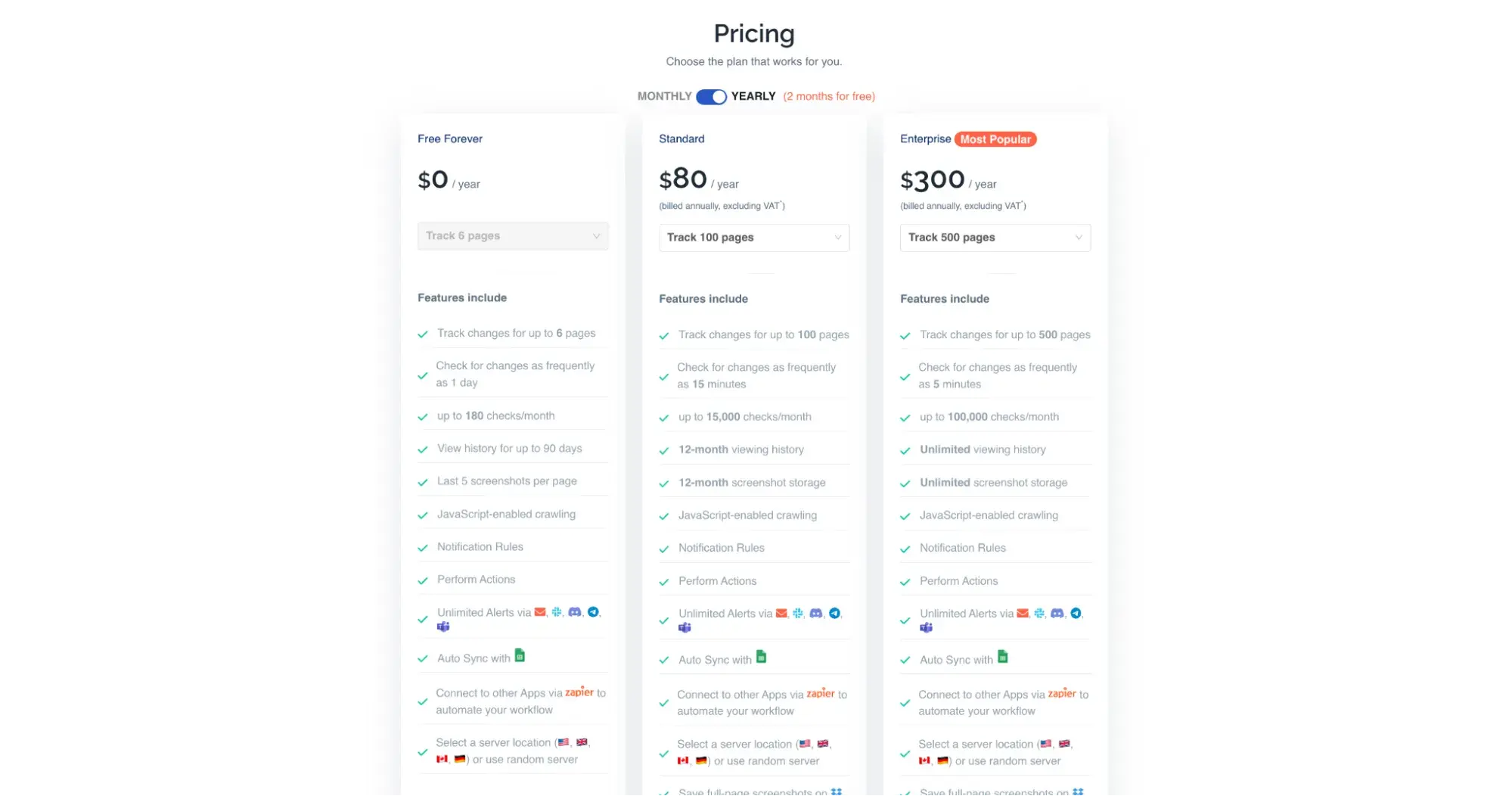 pricing for the website monitoring tool pagecrawl