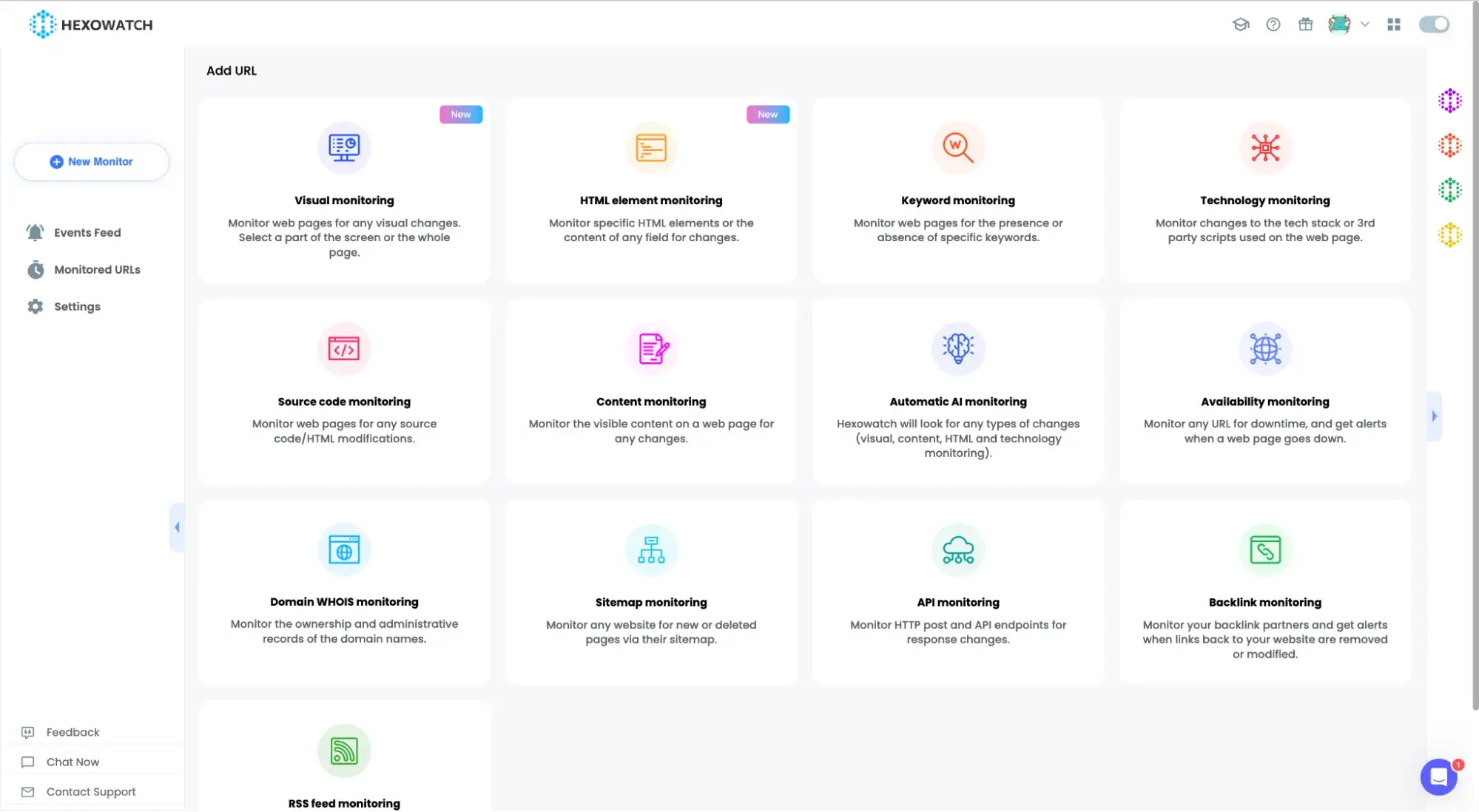 main page for the website monitoring tool hexowatch