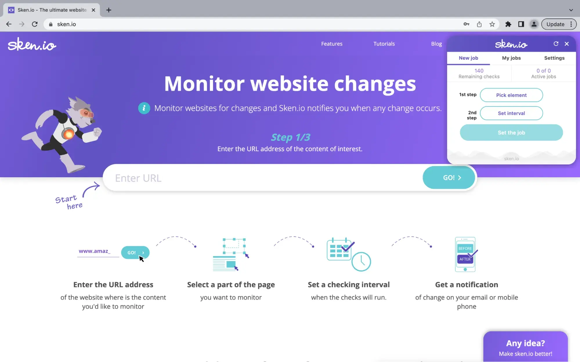 landing page for the website monitoring tool sken.io