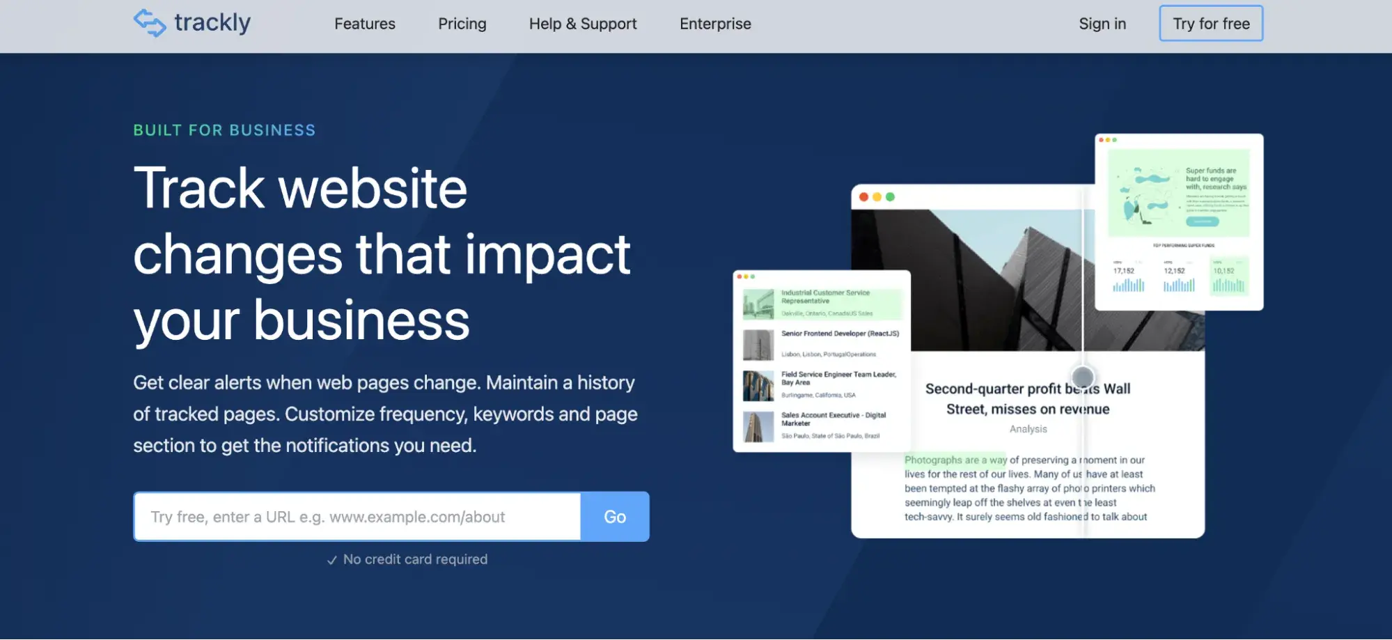 landing page for the website monitoring tool trackly