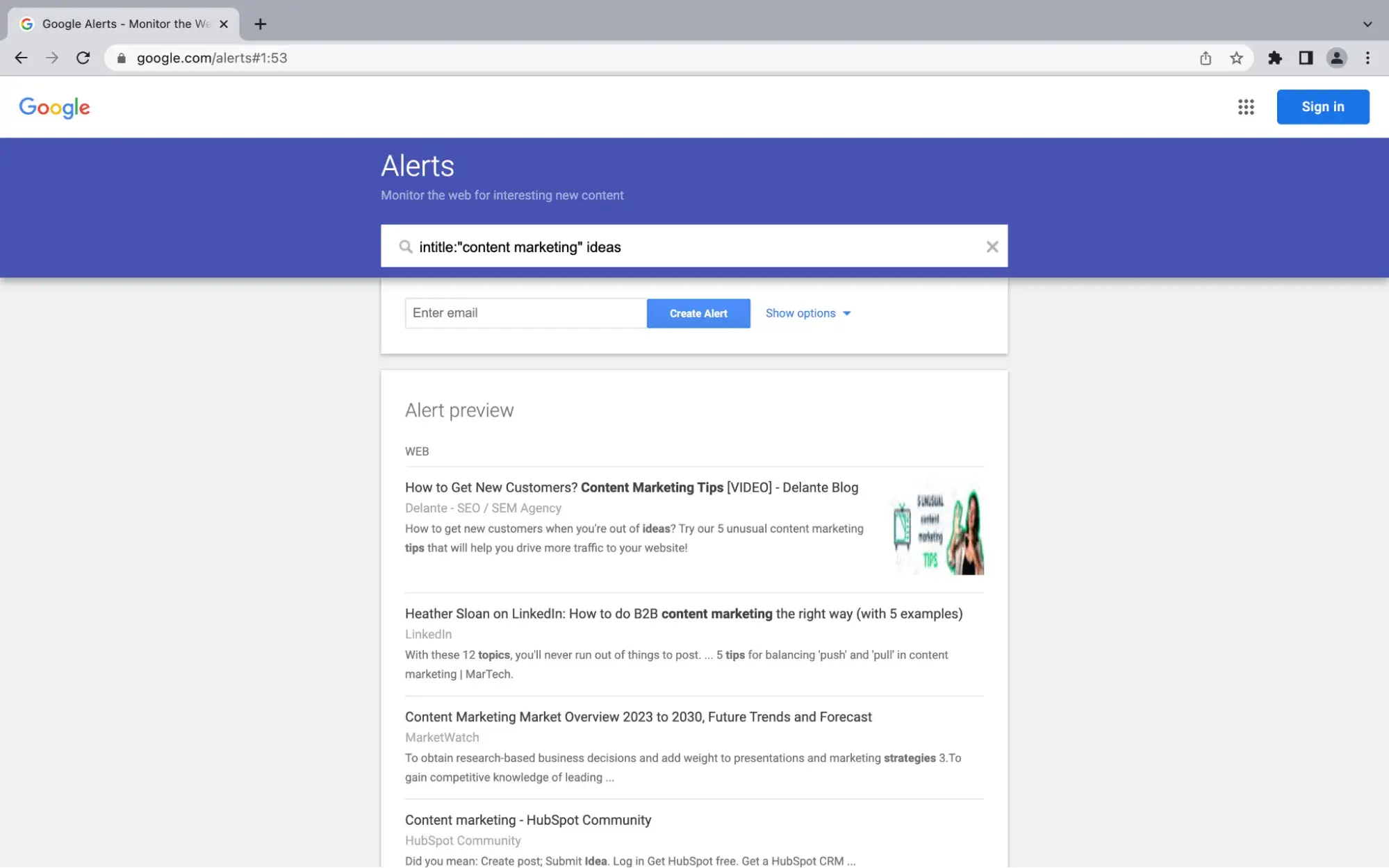 setup page for the website monitoring tool google alerts