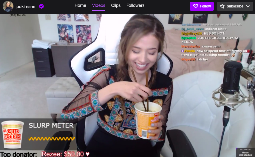 Pokimane promoting Nissin Noodles on Twitch.