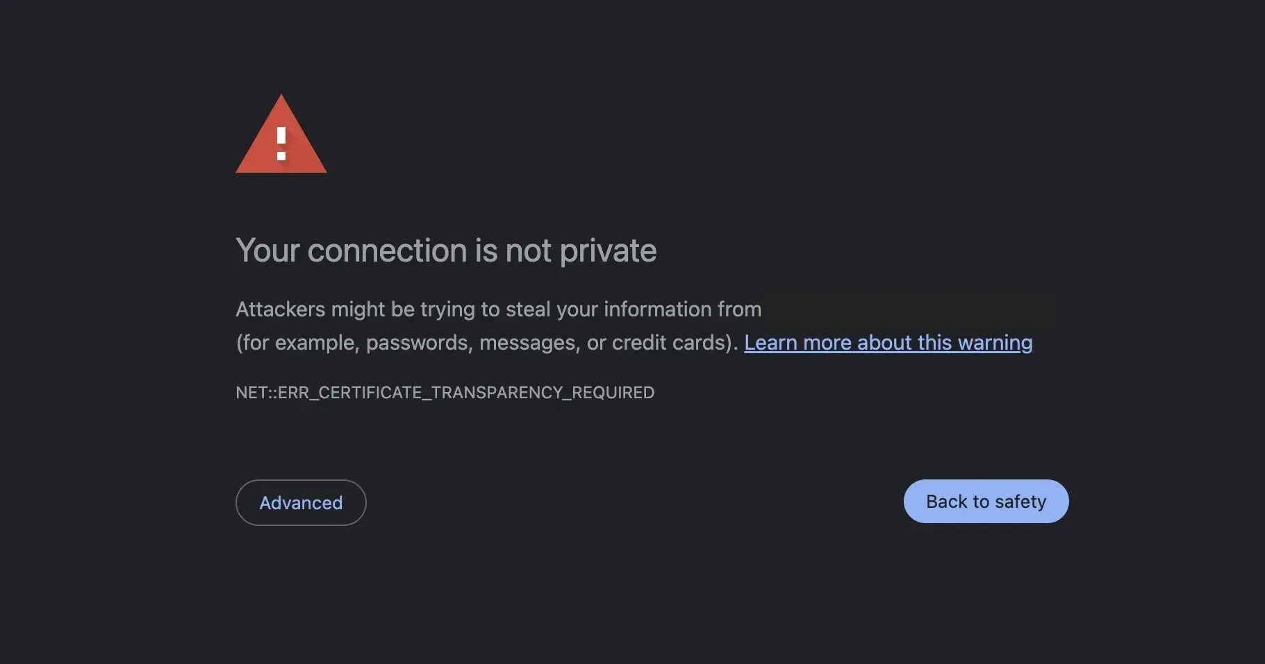 your connection is not private, warning displayed by browser stating Your connection is not private